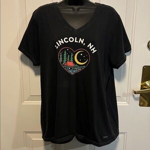 LIFE IS GOOD 🏕️ LINCOLN NEW HAMPSHIRE BLACK 100% COTTON  CAMPING TSHIRT Women XL